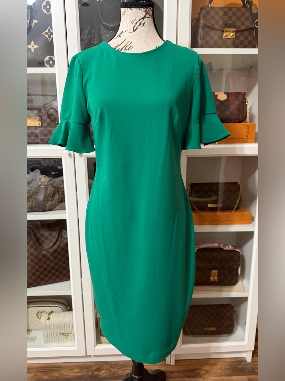 Calvin Klein Teal Green Ruffle Sleeve Midi Sheath Dress